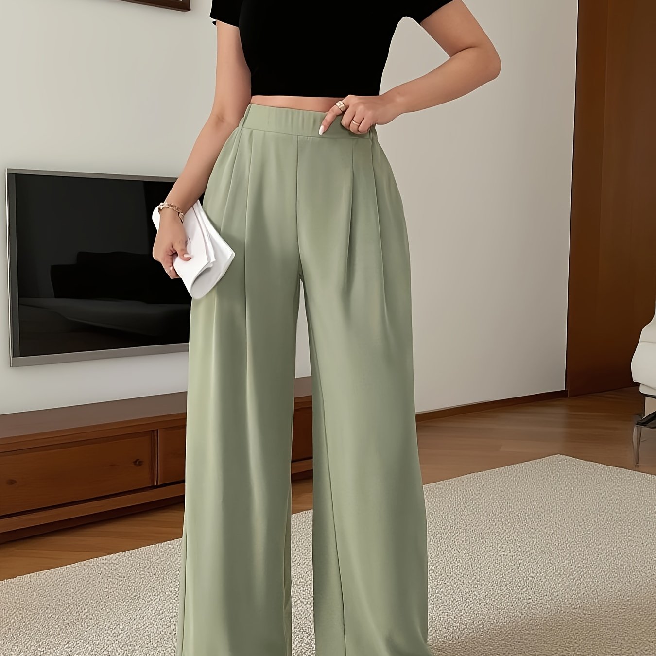Women's Black & White Striped Elastic Waist Wide Leg Commuter Pants - Mid-Stretch Casual Trousers with Double Pockets, Regular Fit All-Season Comfort, Casual Attire, Medium Stretch Fabric
