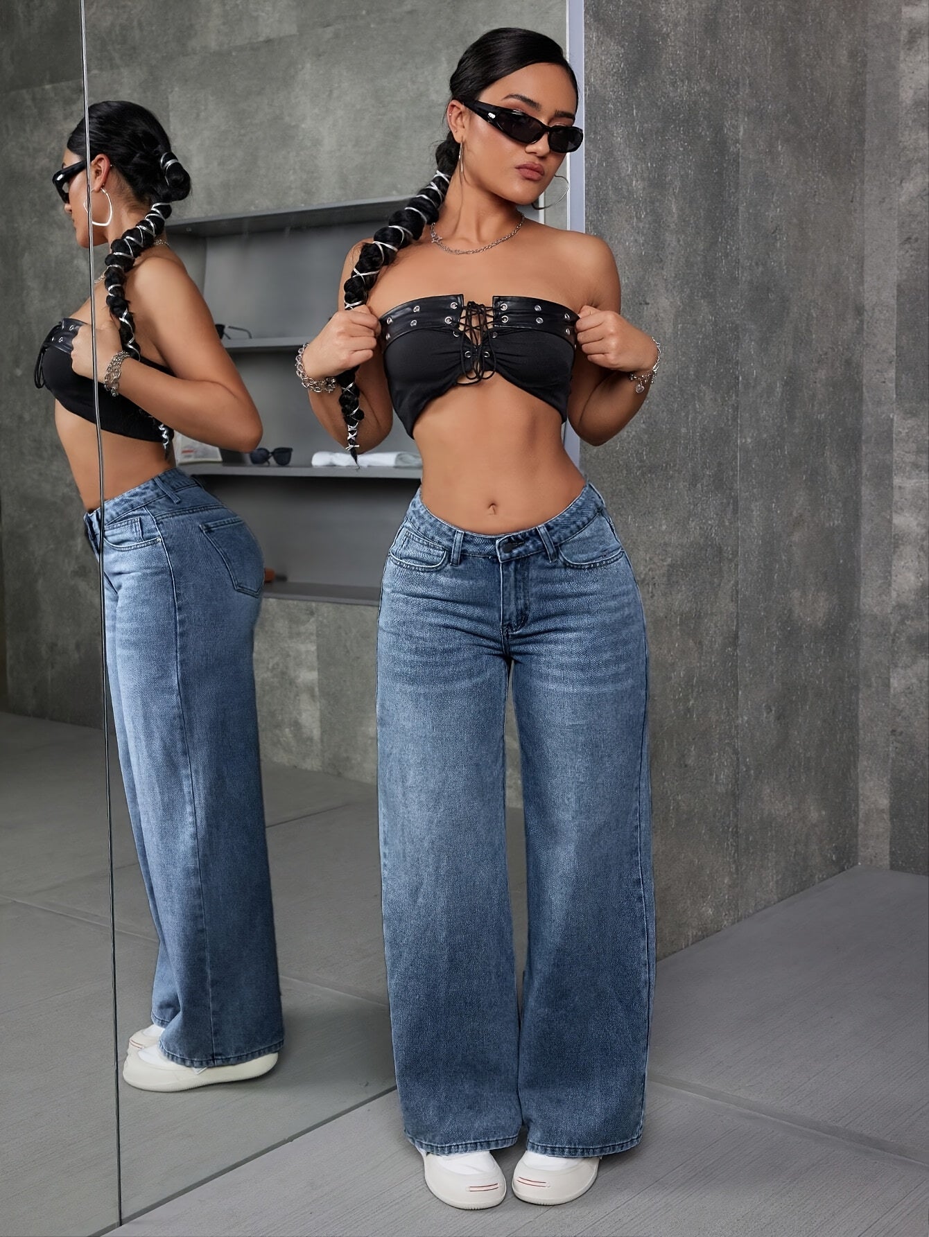 Women's High Waist Straight Leg Jeans - Retro Streetwear Style Dark Blue Denim Pants with Drop Waist & Wide Leg, Machine Washable Casual Daily Wear for Spring Summer Fall, Spring Summer Fashion | Durable Fabric Jeans