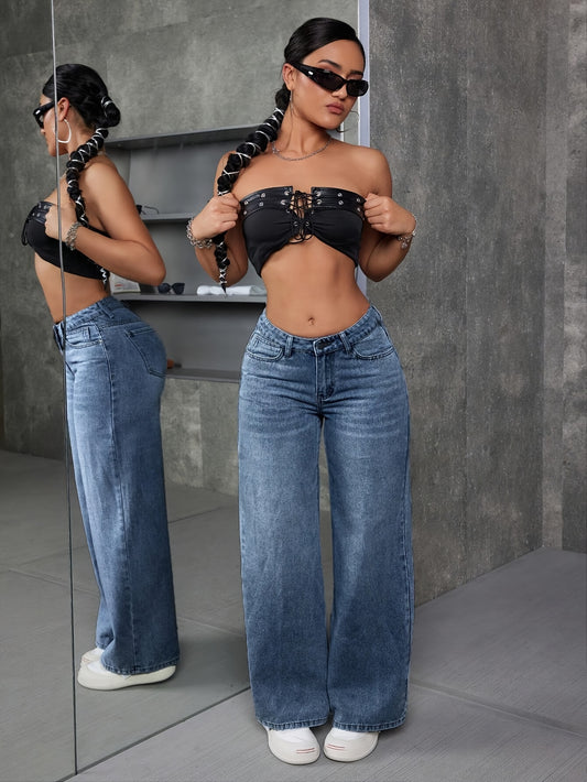 Women's High Waist Straight Leg Jeans - Retro Streetwear Style Dark Blue Denim Pants with Drop Waist & Wide Leg, Machine Washable Casual Daily Wear for Spring Summer Fall, Spring Summer Fashion | Durable Fabric Jeans