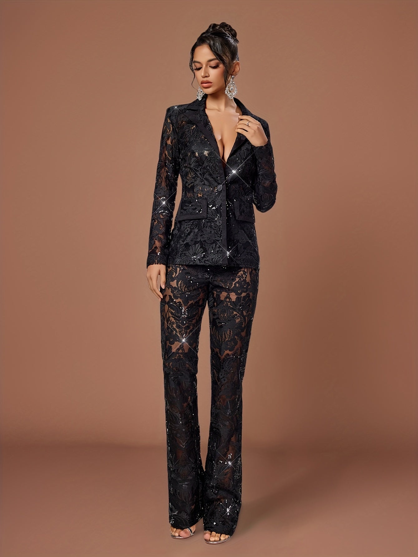 Chic Solid Color Bell-Bottom Trousers Paired with a Sophisticated Lace Suit.