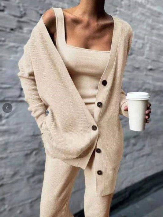 Casual Three-Piece Set Women's Casual Three-Piece Set - Solid Color Jacket, Vest & Pants | Button-Up Front, Long Sleeve, Loose Fit for Spring and Autumn | Relaxed Fit Construction