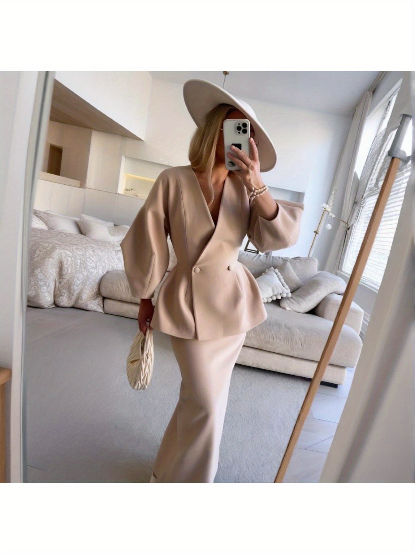 2pcs Women's autumn new suits, fashionable solid color button puff sleeve skirt dress suit